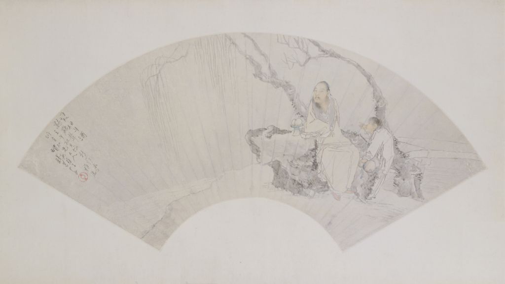 钱慧安听鹂图扇页